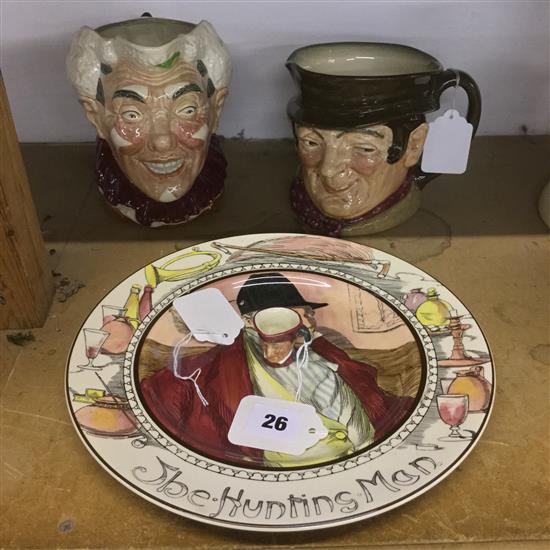 Royal Doulton character jug, The Clown (with white hair) Sam Weller jug, miniature jug & a Hunting Man plate